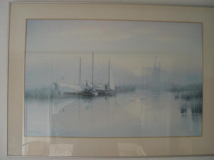 Mooie Litho: 3 houten zeilscheepjes in mooi landschap, Antiek en Kunst, Kunst | Litho's en Zeefdrukken, Ophalen