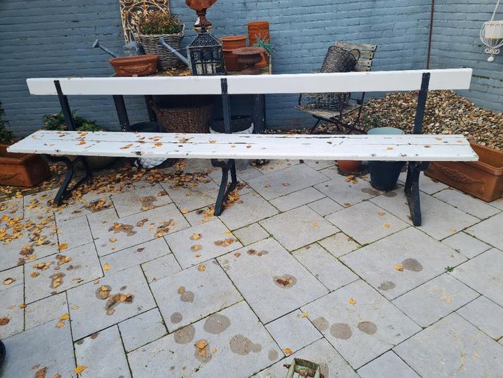 Antieke tuinbank parkbank 3.20 m gietijzeren poten, Tuin en Terras, Tuinbanken, Gebruikt, Metaal, Ophalen