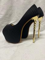 Pumps peeptoe 41 zwart glitter met gouden gedraaide hak, Pumps, Zwart, Ophalen of Verzenden, Zo goed als nieuw