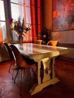 Olijfgroene brocante eettafel, Huis en Inrichting, Tafels | Eettafels, Gebruikt, Eikenhout, Vijf personen of meer, 150 tot 200 cm