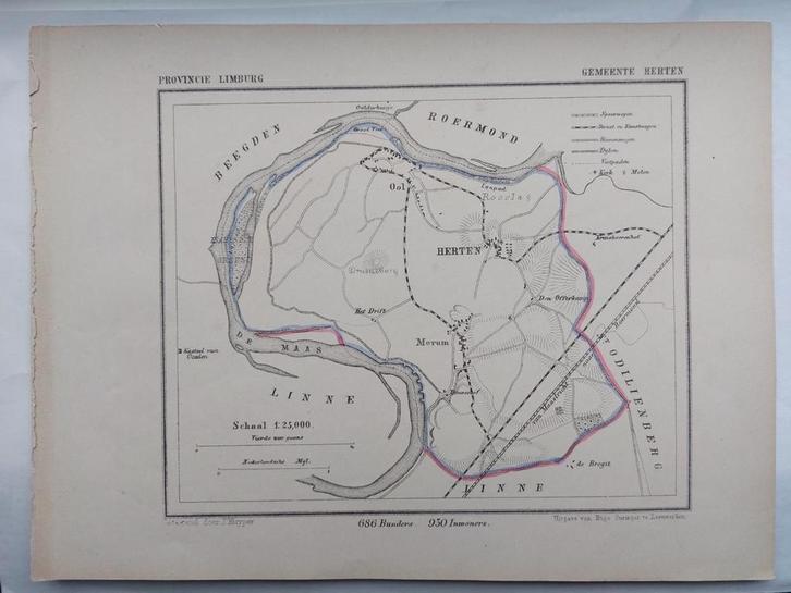 23 / Gemeente Herten Limburg Litho uit 1866 door J. Kuyper, Antiek en Kunst, Kunst | Litho's en Zeefdrukken, Ophalen of Verzenden