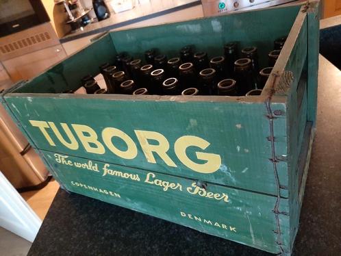 TUBORG Nostalgische HOUTEN BIERKRAT MET DE FLESSEN, Verzamelen, Biermerken, Gebruikt, Flesje(s), Overige merken, Ophalen of Verzenden