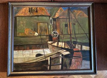 Boten in de haven - olieverf op doek in houten lijst beschikbaar voor biedingen