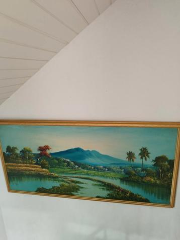 Indonesische acryl schilderij in mooie houten lijst