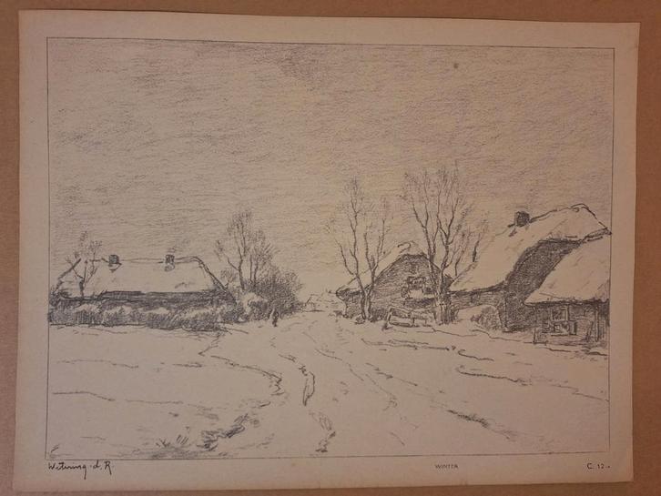 Lithografie Wetering door de Rooij winterlandschap, Antiek en Kunst, Kunst | Tekeningen en Foto's, Ophalen of Verzenden