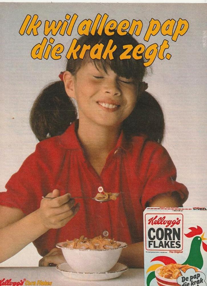 Retro reclame 1980 Kellogg's cornflakes meisje wil kraak, Verzamelen, Retro, Overige typen, Verzenden