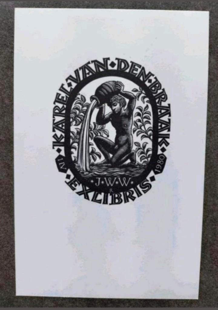 Exlibris Karel van den Braak (Pam G Rueter) (man, kruik), Antiek en Kunst, Kunst | Etsen en Gravures, Ophalen of Verzenden