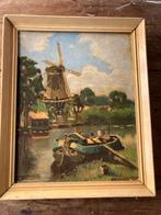 Schilderij op hardboard - Molen en boot, Antiek en Kunst, Ophalen of Verzenden
