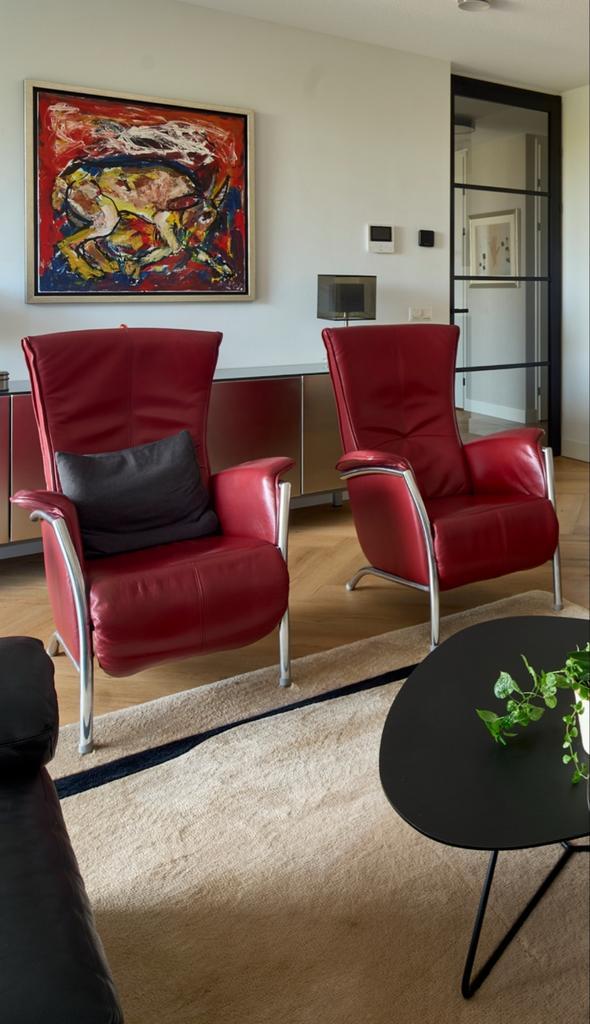 2 Luxe Relaxfauteuils - Rode Lederen Bekleding, Huis en Inrichting, Fauteuils, Zo goed als nieuw, Leer, 75 tot 100 cm, 75 tot 100 cm