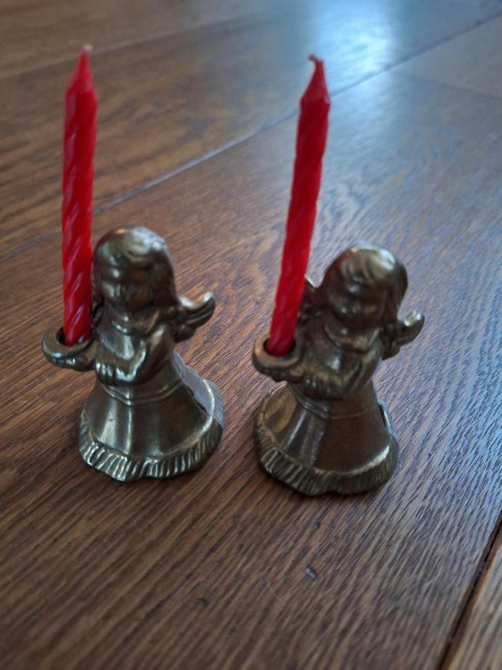 2 Messing Engeltjes Kandelaars met Kaarsjes. Vintage., Huis en Inrichting, Woonaccessoires | Kandelaars en Kaarsen, Zo goed als nieuw