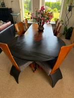 uitschuifbare eettafel, rond m’n én recht blad + 6 stoelen, Huis en Inrichting, Tafels | Eettafels, Ophalen, Zo goed als nieuw