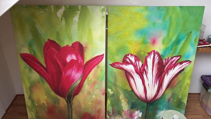 Set van 2 grote schilderijen – tulpen op doek, Antiek en Kunst, Kunst | Schilderijen | Abstract, Ophalen of Verzenden