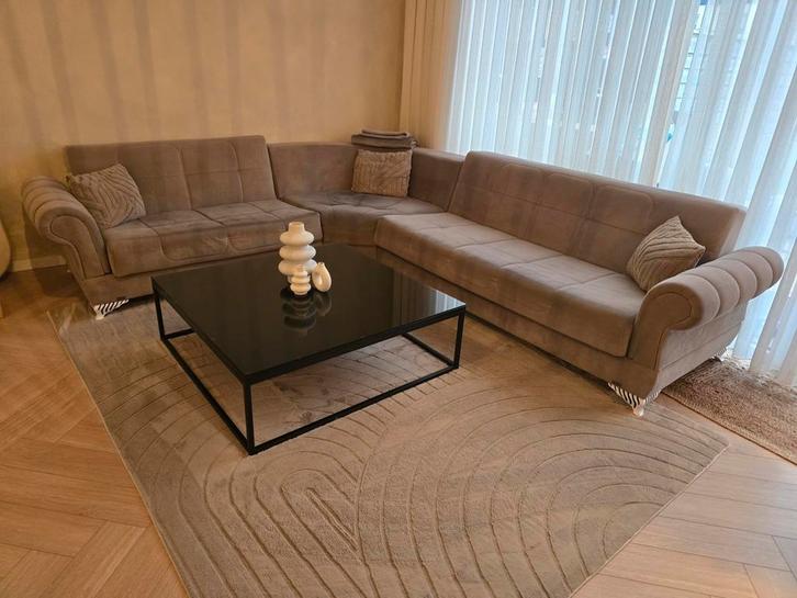 Hoekbank KILIM Taupe + Opbergruimte + Slaapbank 320x240cm, Huis en Inrichting, Banken | Bankstellen, Zo goed als nieuw, Hoekbank