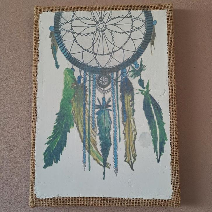 Dromenvanger Schilderij en veren op linnen doek, Huis en Inrichting, Woonaccessoires | Schilderijen, Tekeningen en Foto's, Zo goed als nieuw