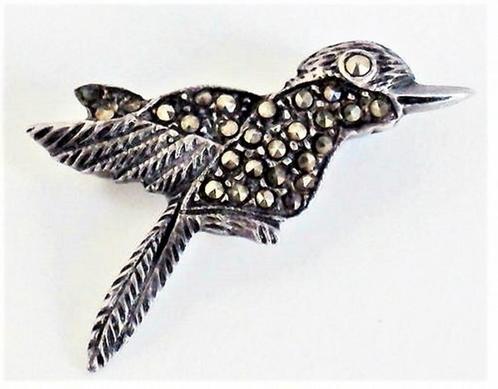 Prachtige broche Langstaart kolibrie met markasieten 925 (71, Sieraden, Tassen en Uiterlijk, Broches, Zo goed als nieuw, Zilver