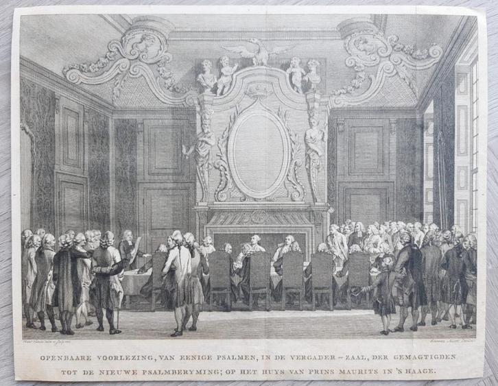 Kopergravure Openbare voorlezing Psalmen Mauritshuis 1773, Antiek en Kunst, Kunst | Etsen en Gravures, Ophalen of Verzenden