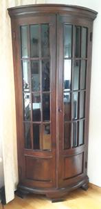 Antieke eiken hoek- vitrinekast., Ophalen, Gebruikt, Glas, 150 tot 200 cm