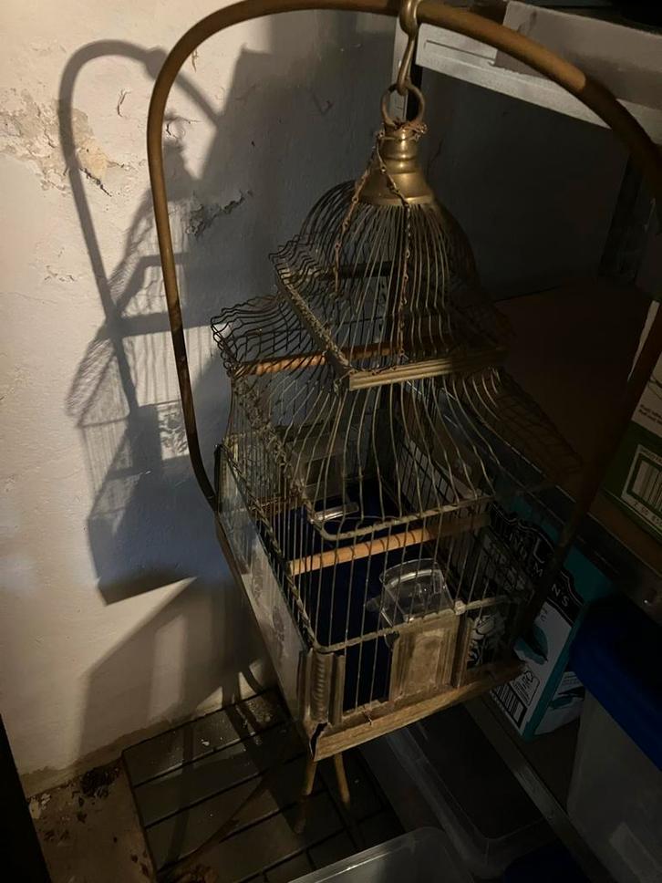 Antieke Koperen Vogelkooi met Standaard, Huis en Inrichting, Woonaccessoires | Overige, Gebruikt, Ophalen