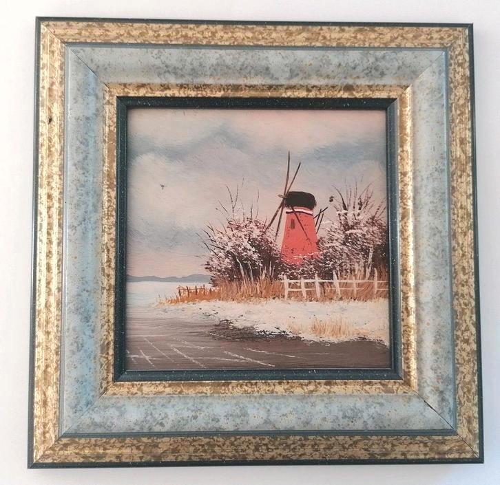 Schilderij - Winterlandschap: ijs, sneeuw en molen - 19.5 cm, Antiek en Kunst, Kunst | Schilderijen | Klassiek, Ophalen of Verzenden