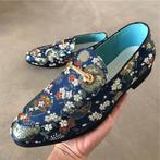 Blauwe heren loafers met bloemen / moccasins luxe instappers, Nieuw, Blauw, Loafers, Verzenden