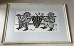 Grafisch werk van 2 mannetjes+druiventros van Piet Janssens, Antiek en Kunst, Kunst | Etsen en Gravures, Ophalen