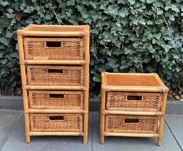 2 Vintage Rotan Bamboe LadeKastje Nachtkastje Landelijk Boho beschikbaar voor biedingen