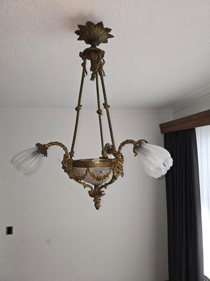 Antieke kroonluchter met glazen kelk, Antiek en Kunst, Antiek | Lampen, Ophalen of Verzenden