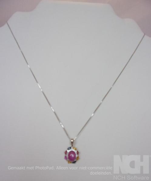Nieuwe zilveren ketting + hanger met Robijn/Saffier/Topaas, Sieraden, Tassen en Uiterlijk, Kettingen, Nieuw, Zilver, Rood, Met edelsteen