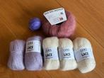 5x mohair zijde (Lang en Hjertgarn) wit, paars en roze garen, Ophalen of Verzenden, Zo goed als nieuw, Breien of Haken, Wol of Garen