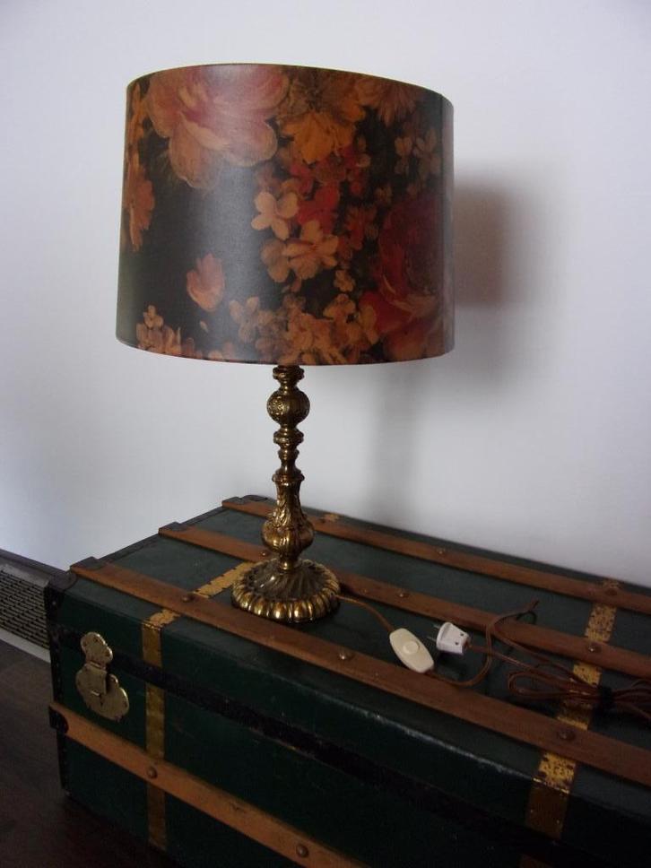 LAMPVOET KOPER BRONS/TAFELLAMP + GEBLOEMDE KAP zeer mooi set, Antiek en Kunst, Curiosa en Brocante, Ophalen