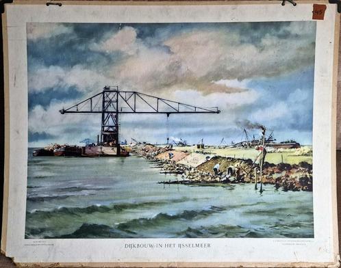 Dijkbouw in het IJselmeer / D. Lameris, Antiek en Kunst, Antiek | Schoolplaten, Natuur en Biologie, Ophalen