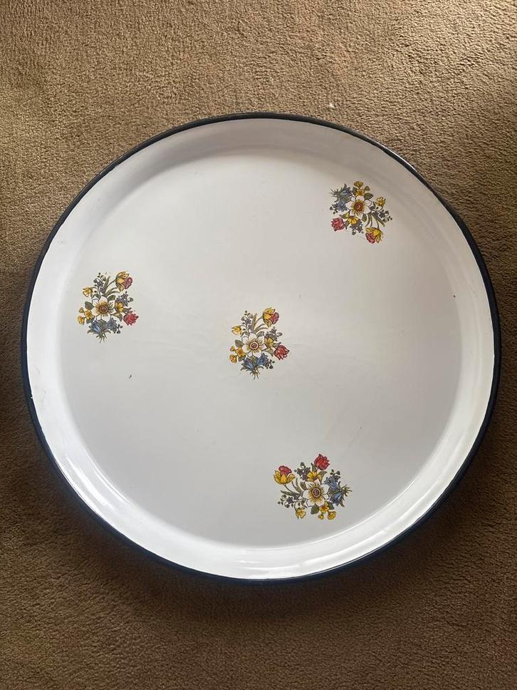 Vintage Dienblad met Bloemen, Huis en Inrichting, Woonaccessoires | Dienbladen, Gebruikt, Metaal, Rond, Ophalen