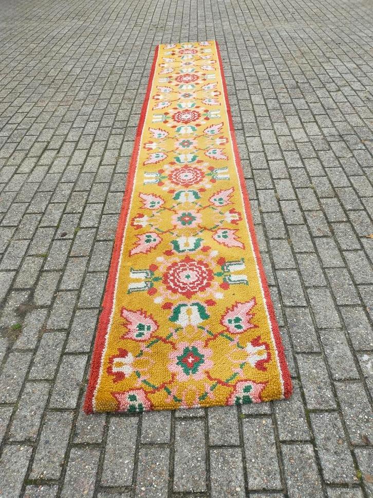 Vintage Smyrna loper vloerkleed handgeknoopt kleed 4.17 x 67, Huis en Inrichting, Stoffering | Tapijten en Kleden, Gebruikt, 50 tot 100 cm