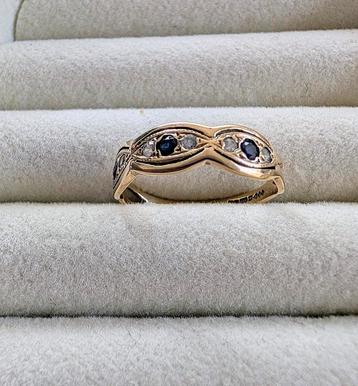 9k gouden ring met saffier en diamant  beschikbaar voor biedingen