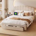 Luxe Bed 160 200 teddy stof 160x200 beige boxspring usb, Verzenden, Nieuw, Tweepersoons, Teddy