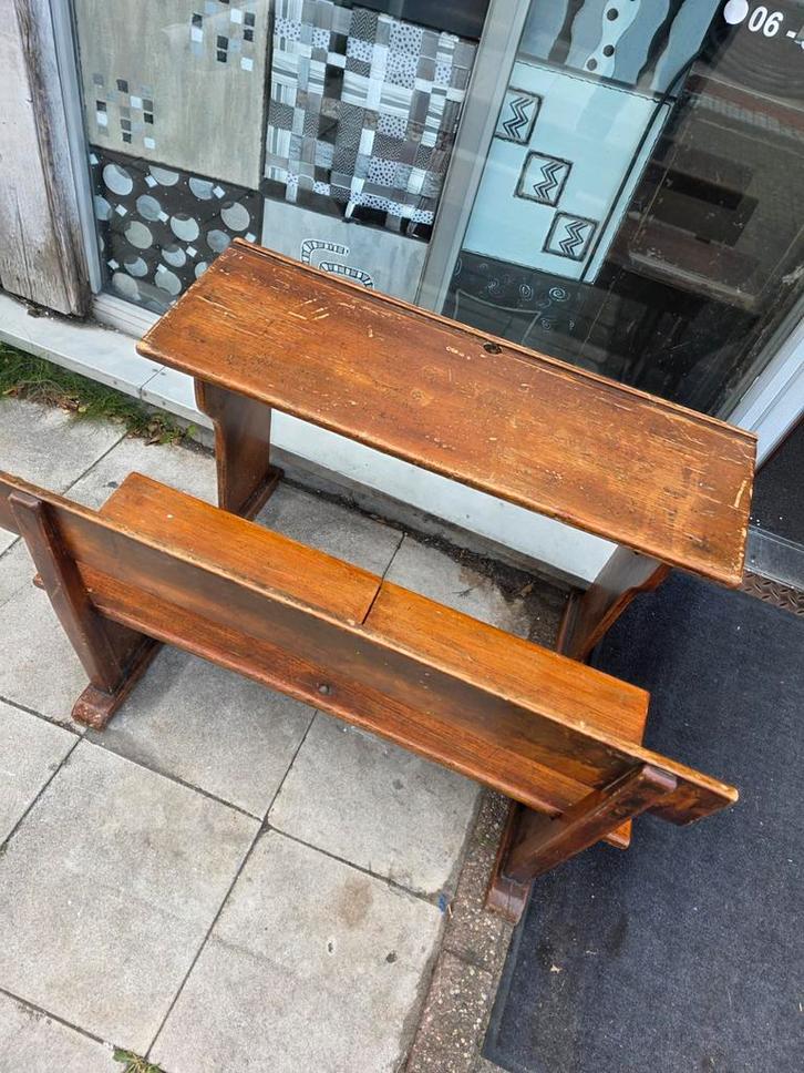 Oude schoolbank voor twee personen, Huis en Inrichting, Stoelen, Gebruikt, Twee, Hout, Bruin, Ophalen of Verzenden