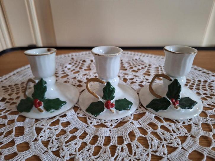 3 vintage handbeschilderde kandelaartjes, Antiek en Kunst, Antiek | Keramiek en Aardewerk, Ophalen of Verzenden