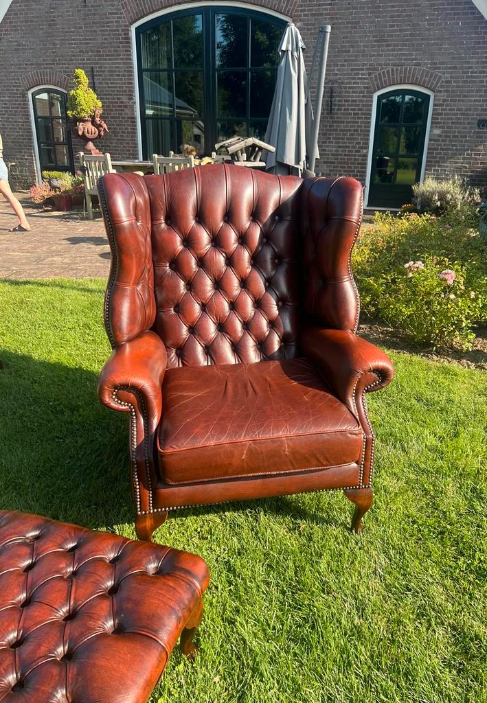 Bruine Chesterfield Fauteuil, Huis en Inrichting, Fauteuils, Gebruikt, Leer, 75 tot 100 cm, Ophalen of Verzenden