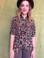 Vintage blouse, maat 36/38 - S/M - print blad & noten - 90's, Maat 38/40 (M), Bruin, ,, Ophalen of Verzenden