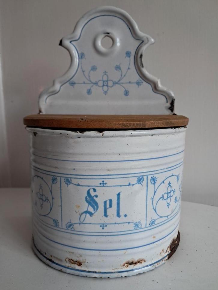Oude Emaille Zoutpot met Houten Deksel, Antiek en Kunst, Antiek | Emaille, Ophalen of Verzenden