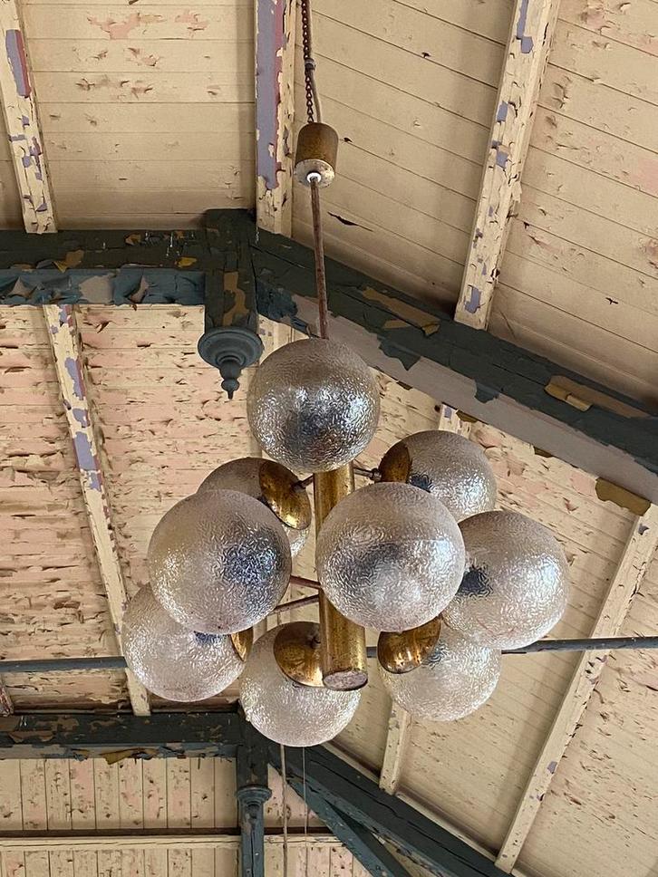 Vintage Hanglampen Sputnik DDR., Huis en Inrichting, Lampen | Hanglampen, Gebruikt, 75 cm of meer, Glas, Metaal, Ophalen
