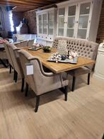 VOORRAAD Landelijke Eetkamerbank 180 cm + 3 Stoelen Victoria, Ophalen of Verzenden, Nieuw, Stof, Landelijke eetkamerstoelen eetkamerbank stof tempo taupe