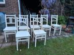 Antieke brocante houten eettafel stoelen 7 stuks wit, Ophalen