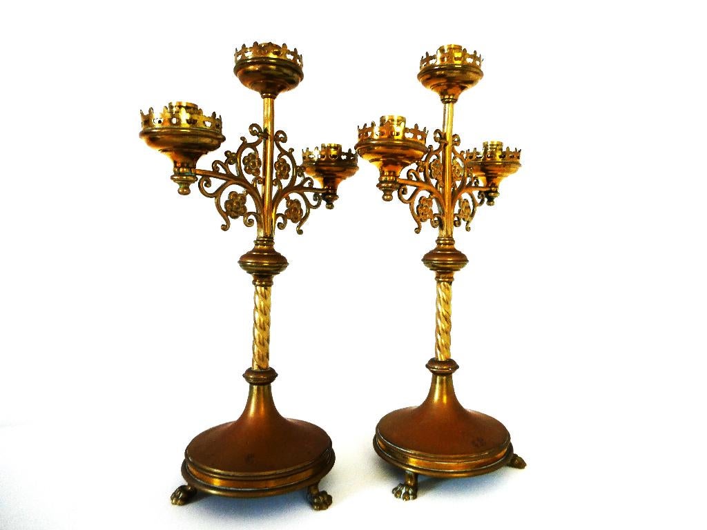 3 Armige kerkkandelaars kandelaars kandelaar neogotisch, Antiek en Kunst, Antiek | Kandelaars, Ophalen of Verzenden, Koper of Brons