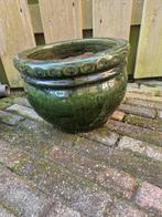 Groene glazuurde aardewerk bloempot IZGST, Tuin en Terras, Bloempotten, 25 tot 40 cm, Gebruikt, Rond, Ophalen of Verzenden