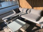 Hoek loungeset van wit aluminium met glazentafel, Ophalen, 4 zitplaatsen, Bank, Aluminium