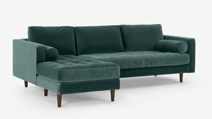 Scott 4-zitsbank met hoek links, petrol fluweel, Huis en Inrichting, Banken | Bankstellen, Zo goed als nieuw, Hoekbank, Vierpersoons of meer