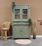 Vintage brocante buffetkast olijfgroen servieskast hout, Gebruikt, 100 tot 150 cm, 200 cm of meer, Ophalen of Verzenden