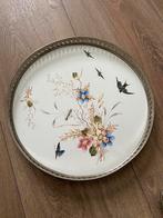 Antiek aardewerk dienblad metalen rand bloemen zwaluwen, Antiek en Kunst, Ophalen of Verzenden