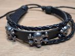 zwarte armband leer 3x skull (nr. 51), Ophalen of Verzenden, Nieuw, Zwart, Leer